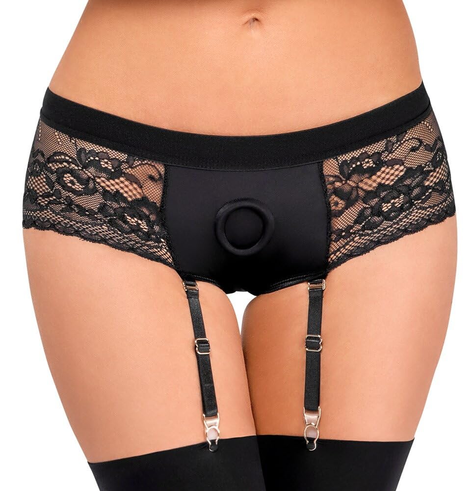 Mutanda per pene indossabile, Cintura imbracatura strapon donna per dildo, harness universale per strap on senza lacci, Mutandina Femminile in Pizzo con Reggicalze. (L)