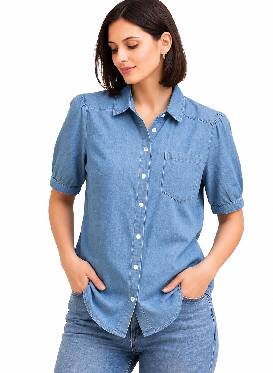 Denim Women Shirt Classic Indigo Button-Down Shirt with Minimal Bow Detail, Relaxed Fit for Everyday Casual Elegance and Timeless Style Demin Top-image-10