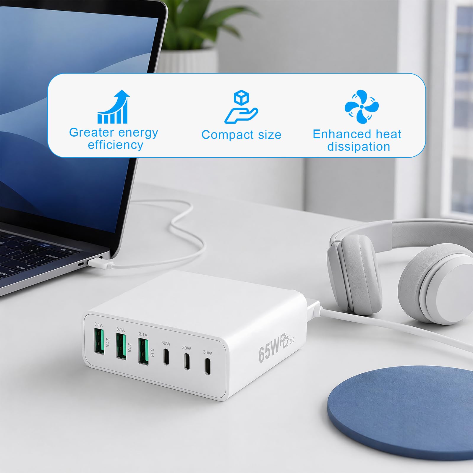 TNSLAND ładowarka USB C 65W, wieloportowe ładowarka USB 6 portów, ładowarka USB C szybka, wielokrotne gniazdo USB C z systemem ochronnym, adapter ładowania do iPhone, Samsung, tablet, laptop, biały