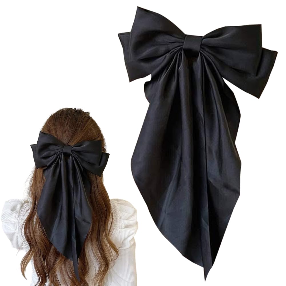 TULOBI Big Bow Barrettes Long Tail French Hair Bow Silky Satin Metal Hair Clip Hair Bowknot Clips Accessories for Women Girls (Black 1pc)