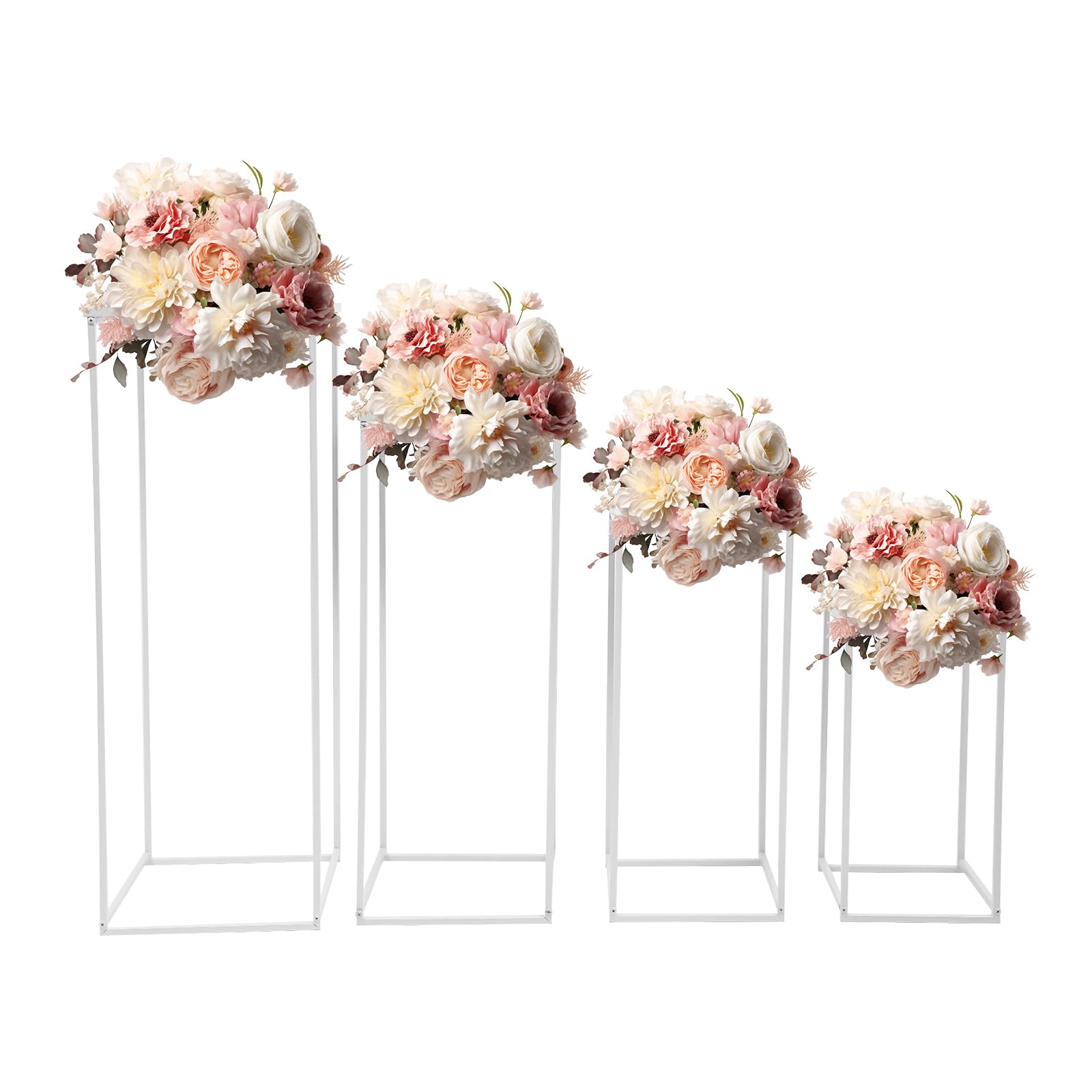 Dekoracja weselna, 4 sztuki, stojak na rośliny, stojak na kwiaty, metalowy stół, dekoracja stołu, na wesele, kompletny zestaw 45 cm + 60 cm + 75 cm + 90 cm, kolumna na kwiaty, biała, zaręczyny