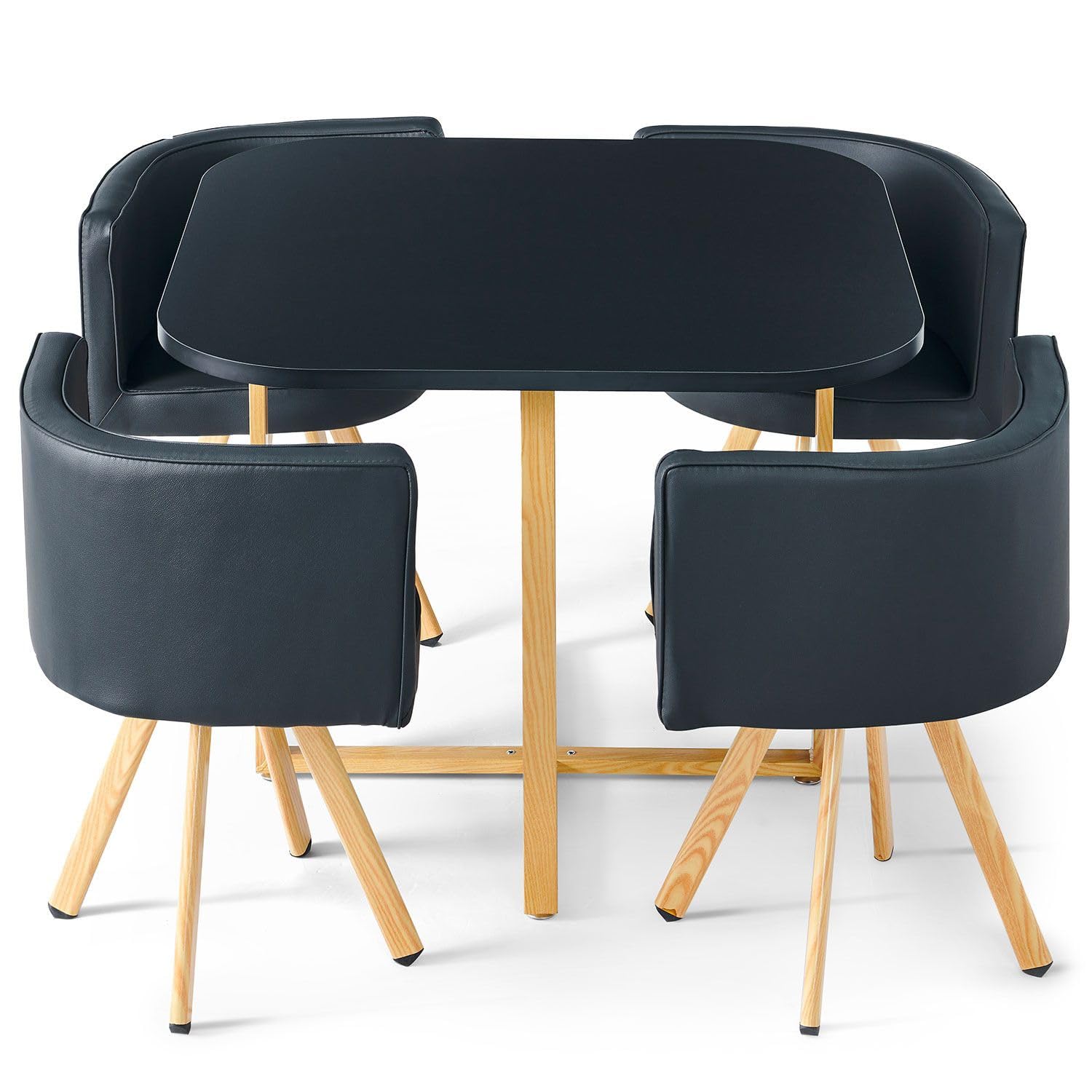 Menzzo Table A Manger Scandinave Oslo avec Chaises Encastrable Revêtement Simili Noir - Pieds Métal Couleur Bois, Assise Moelleuse et Confortable - L90 x P90 x H75 cm