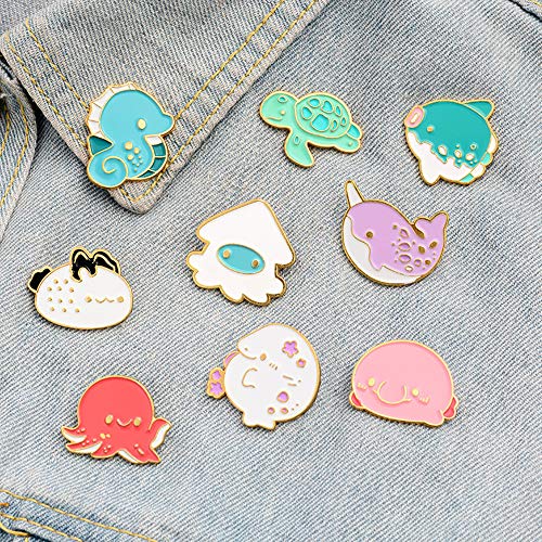 ROFARSO Sea Animal Enamel Lapel Pin Set Cartoon Marine Life Pin, Whale/Sea Turtle/Octopus/Hippocampus/Fish Accessory for Backpacks Clothing Bags Hats Shirts (9pics pin set)3