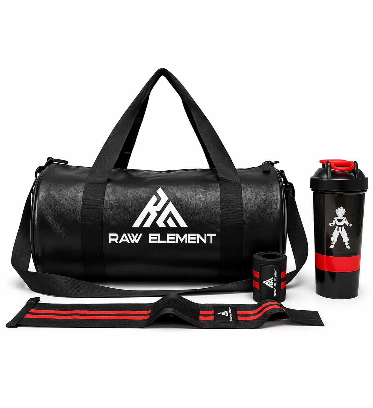 raw element Gym Combo Set – Premium Duffle Bag + Shaker Bottle + Wrist Wraps | Waterproof PU Leather Gym Bag for Men & Women | Fitness Travel Sports Kit (Black/Brown) (Black)-picture-38