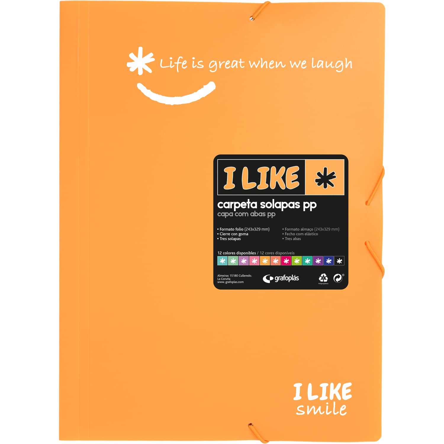 Grafoplás 4800855 Folder with 3 Flaps and Rubbers, Mandarin Color, Folio Size, Opaque Polypropylene, Like