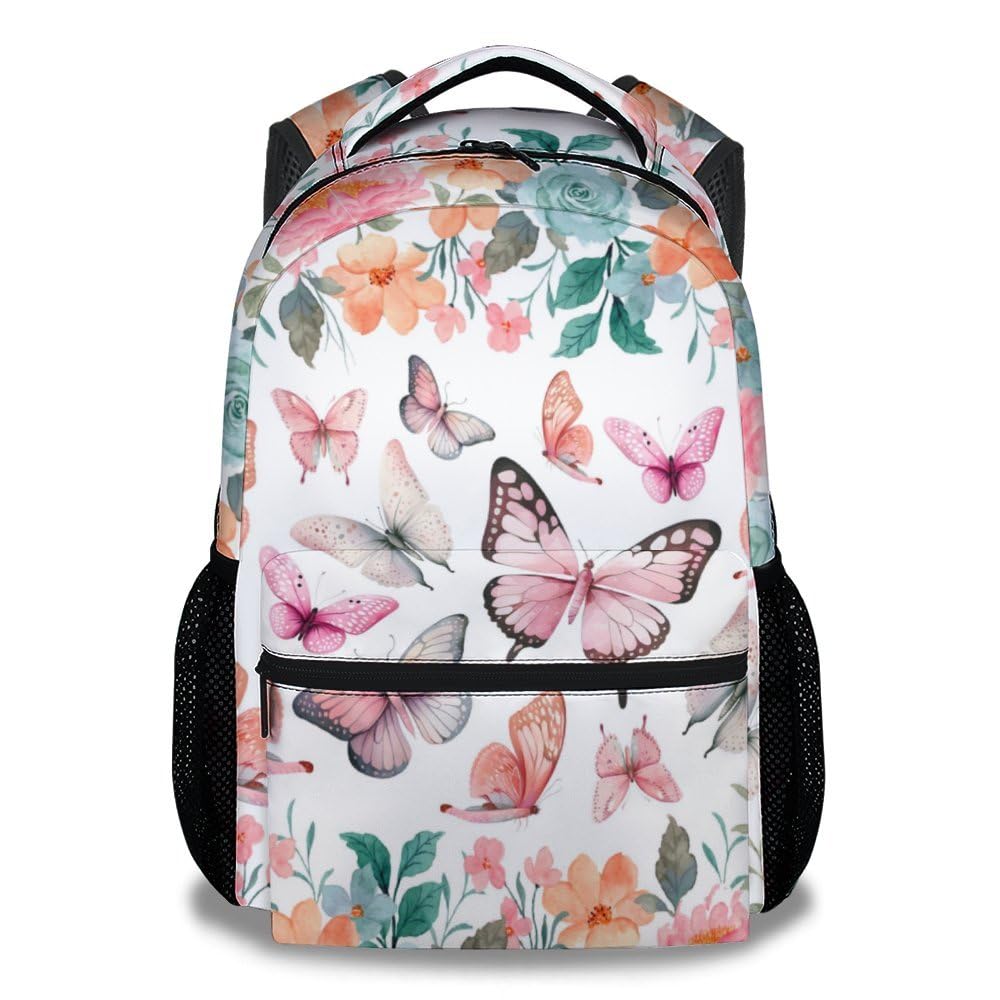 Butterfly Backpack for School, Cute Backpacks for Kids Teens Girls Women, Pink Flower Print Large Capacity Bookbag for Preschool, Pink Lightweight