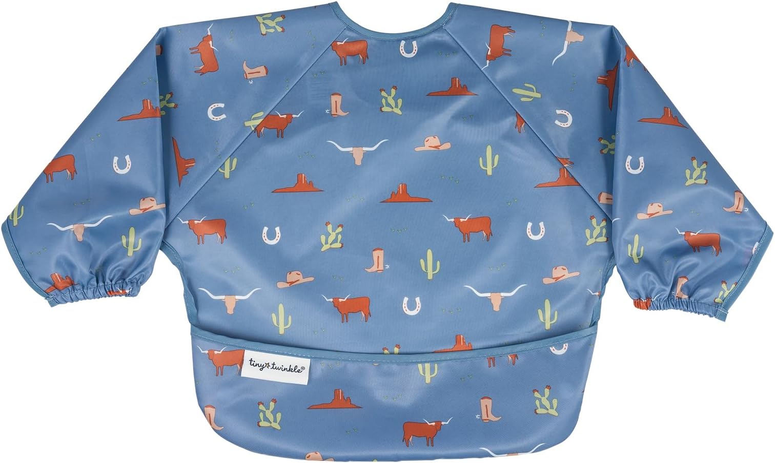 Tiny Twinkle Mess Proof Baby Bib, Cute Full Sleeve Bib Outfit, Waterproof Bibs for Toddlers, Machine Washable, Tug Proof, Baby Smock for Eating, Long Sleeved (Denim Cowboy, Small 6-24 Months)