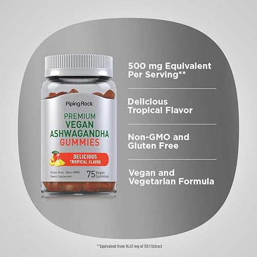 Miniatura 4 de Piping Rock Ashwagandha - Suplemento de gomitas  75 unidades  para mujeres y hombres  Sabor tropical  Fórmula vegana  Sin OMG, sin gluten
