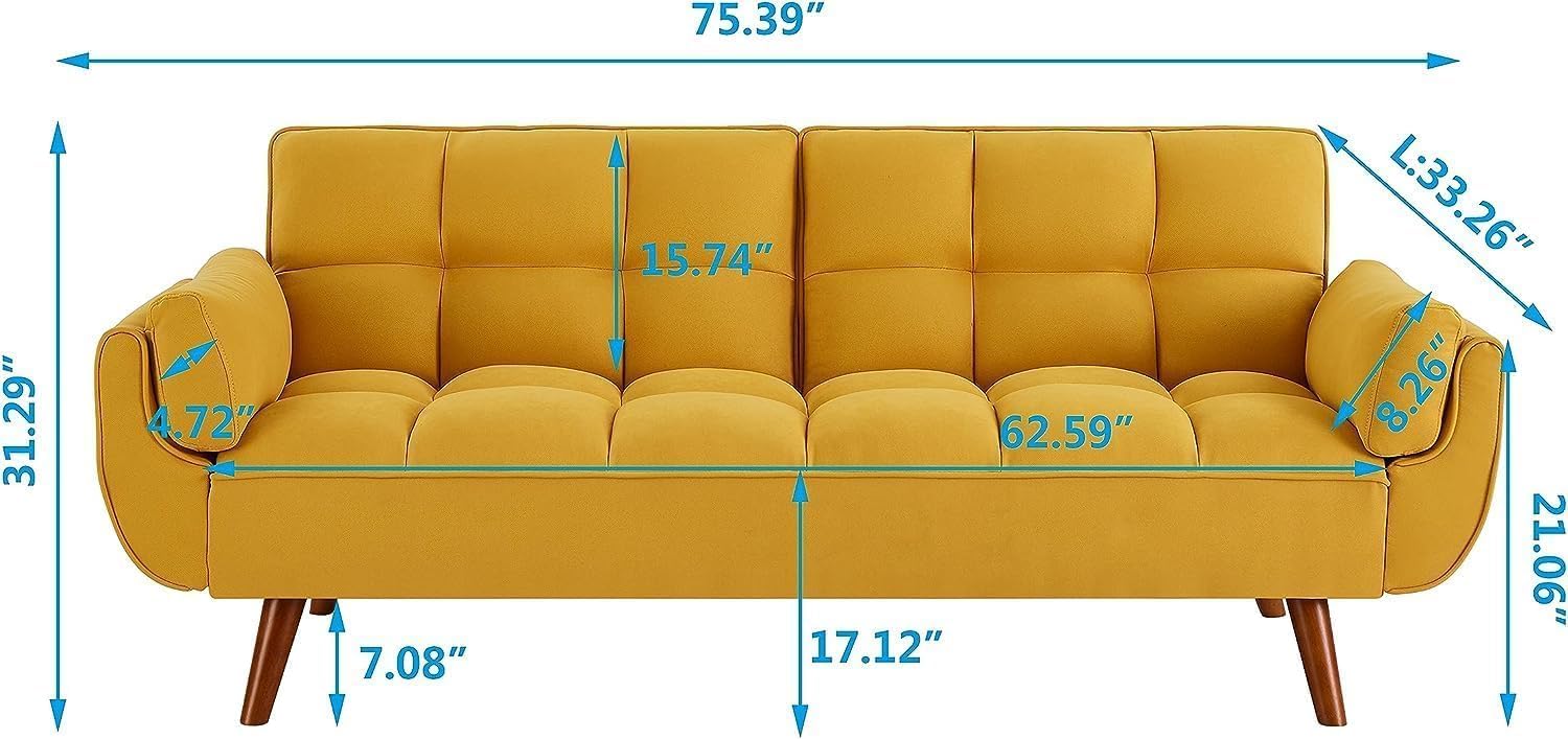 75-Inch Futon Sofa Bed W/Padded Armrests and Wood Legs, Linen Tufted Convertible Futon Sleeper Couch,Comfy Sleeper Couch Loveseat Sofa with Adjustable Backrest for Small Spaces, Living Room, Bedroom