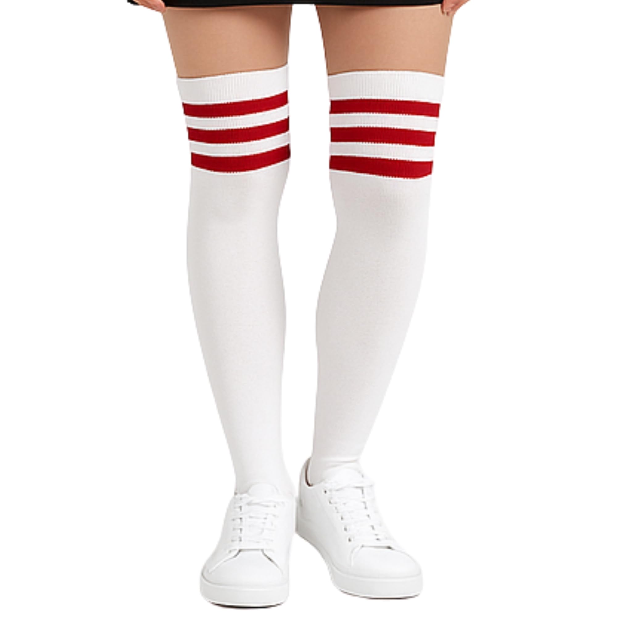 Fna Fashions Women's Red 3 Stripe White Referee Otk Socks Fna Fashions® Over The Knee Socks – Thigh High Cotton Socks | Long, Soft & Stretchy Boot Socks For & Girls | Plain & Striped Knee High Stockings (Red 3 Stripe White Referee Otk Socks)