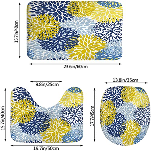 Badezimmerteppich-Set, 3-teilig, grün, Frühling, Blumen, Blau, Gelb und Marineblau, Chrysanthemen, waschbare Badteppiche, rutschfest, mit Rückenpolster, Konturteppich und Toilettendeckelbezug – Bild 3