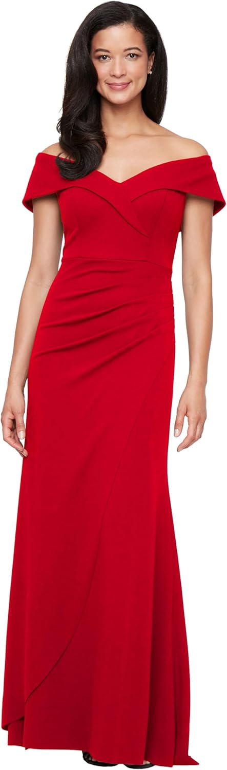 Alex Evenings Womens Off The Shoulder Stretch Crepe Dress with Fishtail Back, Floor Length Mother of The Bride Dress
