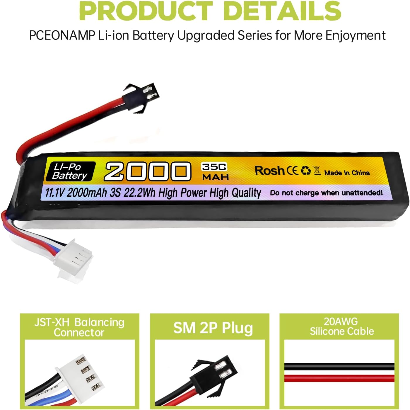 2PCS 11.1V 35C 2000mAh SM-2P Plug T Plug Odamiya Plug Lithium Battery with USB Charging Cable for Airsoft Model Gun Rifle RC Car Drone Battery