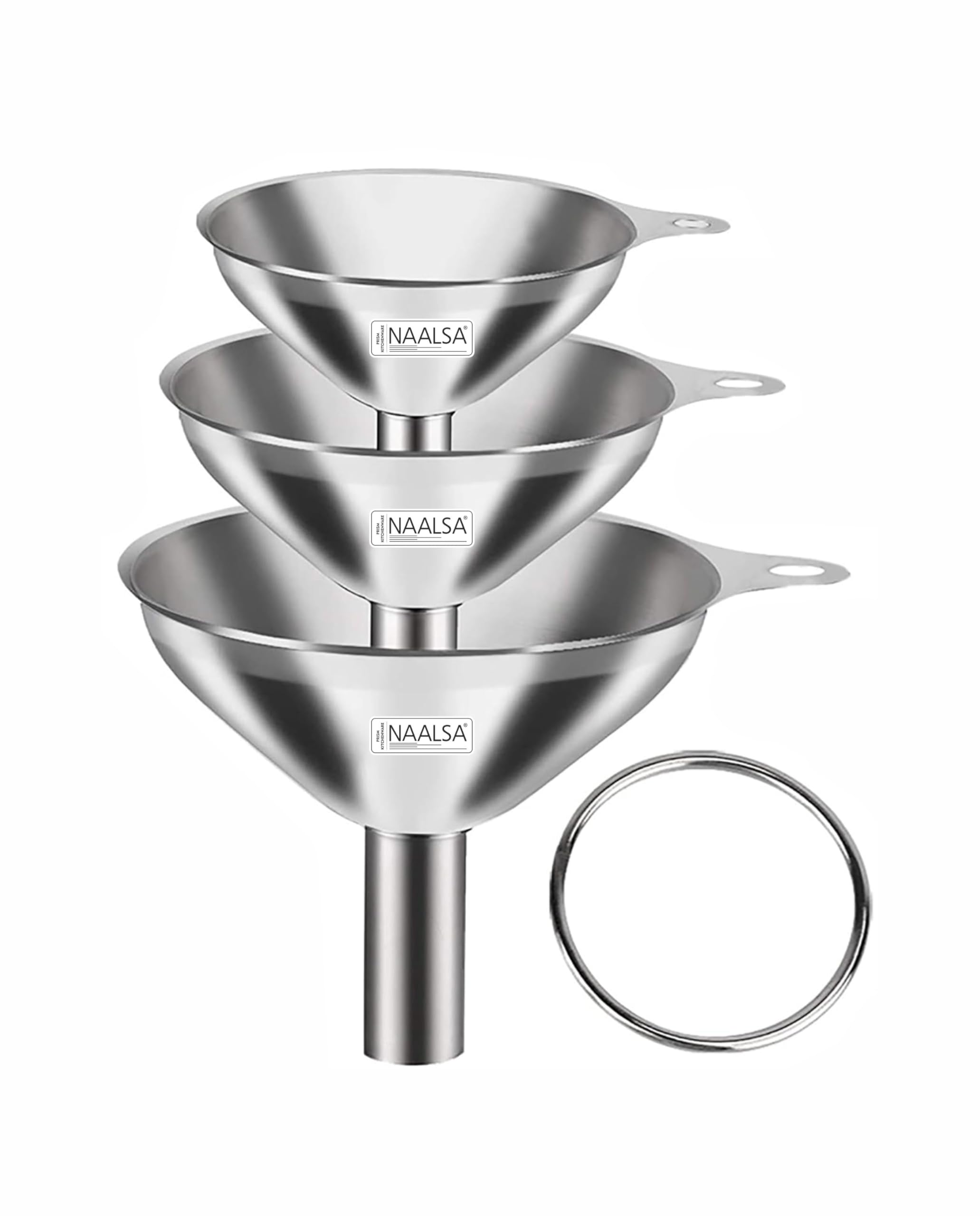 CROWN 3pc Funnels Set Small/Medium/Large Food Grade Stainless Steel funnel for oil dispenser for Ghee, Liquids, Essential Oils, Powder funnel for kitchen use