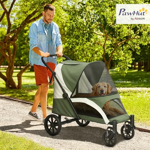 PawHut Hundewagen Hundebuggy klappbar für große Hunde & Katzen bis 30 kg Katzenbuggy mit Kissen Netzfenstern Türen Aufbewahrungstasche Katzenwagen Buggy Dunkelgrün