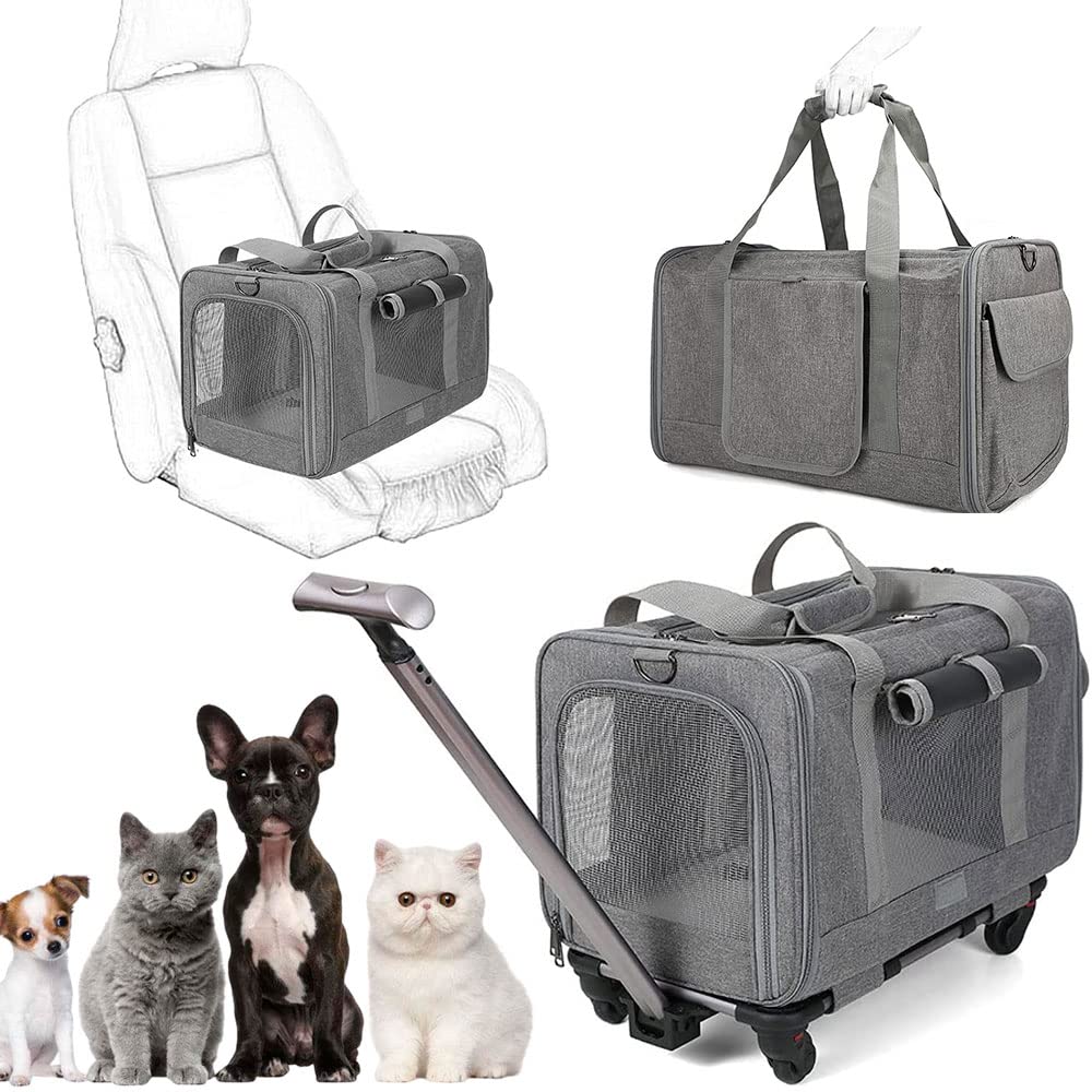 SKADE Pet Rolling Carrier with Wheels for Pets up to 14 kg, Pet Rolling Carrier with Durable Handle and Flexible Wheels, Breathable Durable Mesh Panels (Grey, 1)