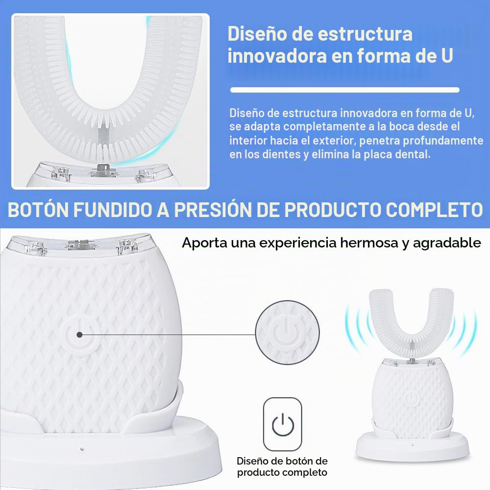 Cepillo de Dientes Ultrasónico Automático, Cepillo de Dientes Eléctrico Ultrasónico Automático de 360° en Silicona Forma de U, 3 Niveles de Intensidad, 45 S Temporizador, IPX7 Impermeable