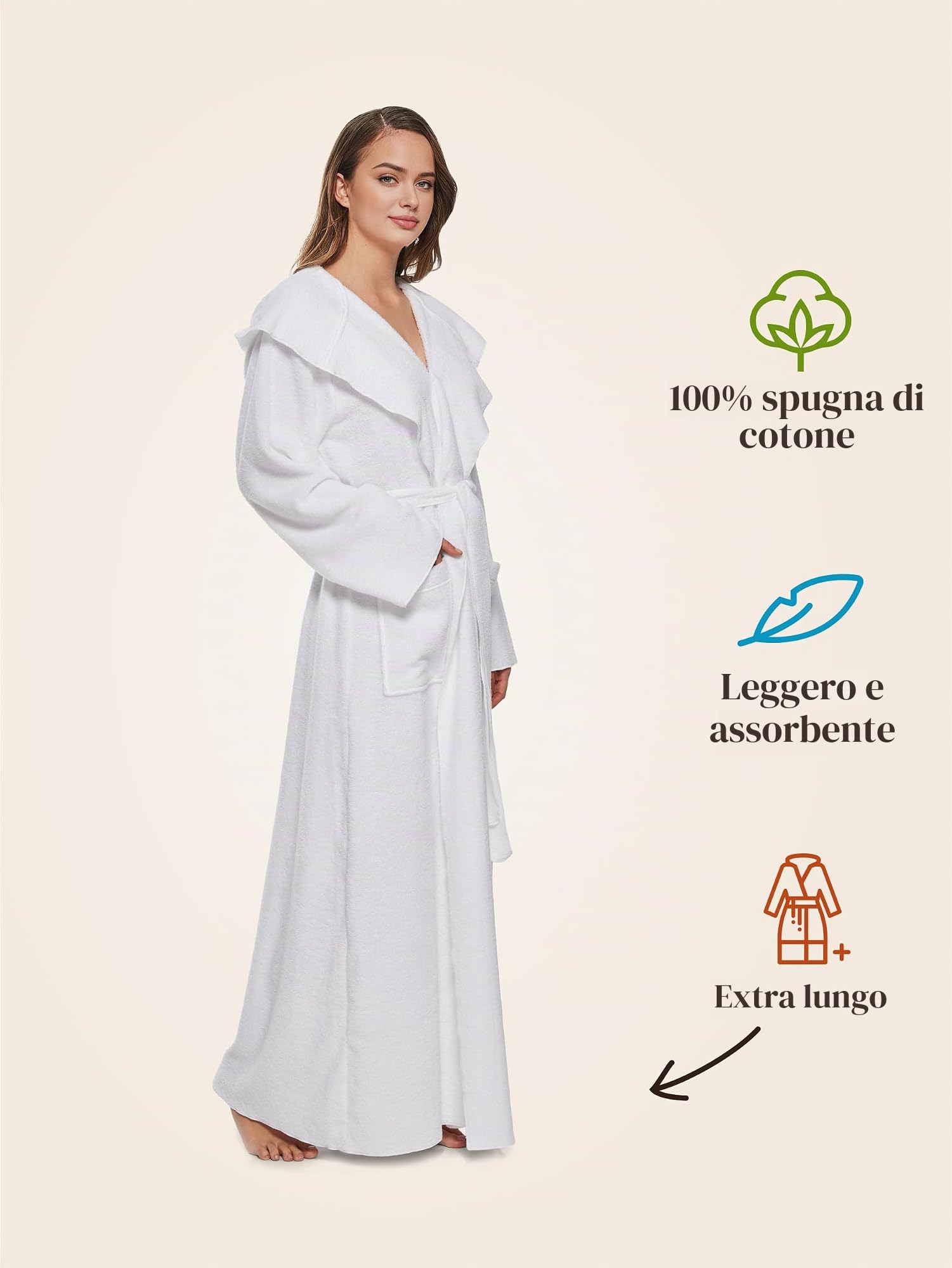Accappatoio da donna con cappuccio | extra lungo e leggero | 100% cotone spugna | certificato OEKO-TEX