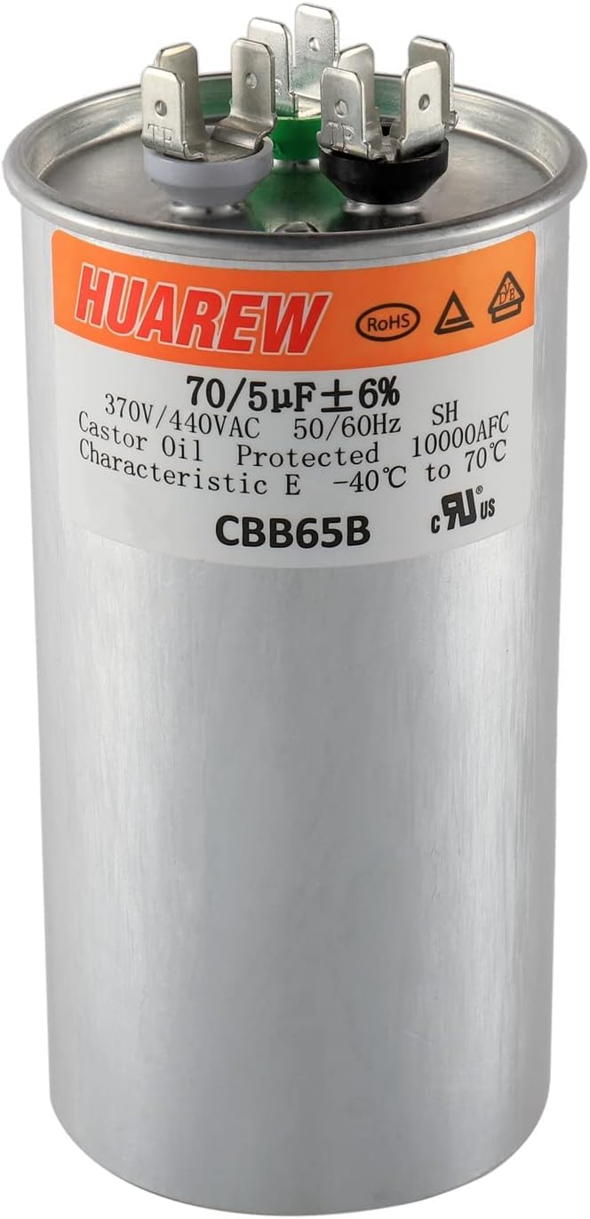 70/5 uF 70+5 MFD ±6% 370V/440V CBB65B AC Capacitor Dual Run Round Capacitor Replacement 70 5 uF MFD 370 440 Volt VAC for AC Unit Fan Motor Start or Heat Pump or Condenser Straight Cool