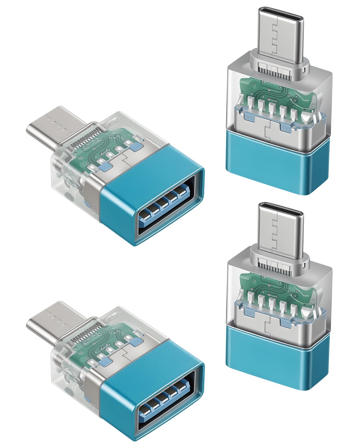 GELRHONR Blue USB C to USB 3.0 Adapter 10Gbps,OTG with LED Indicator,4 Pack