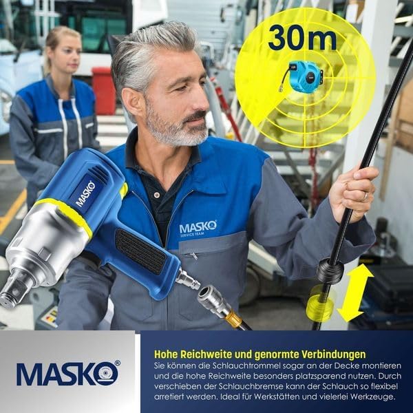 Image showing the MASKO hose reel mounted on a brick wall, highlighting the robust wall bracket and included mounting set, with circular insets showing various applications like nailing, car maintenance, and painting.
