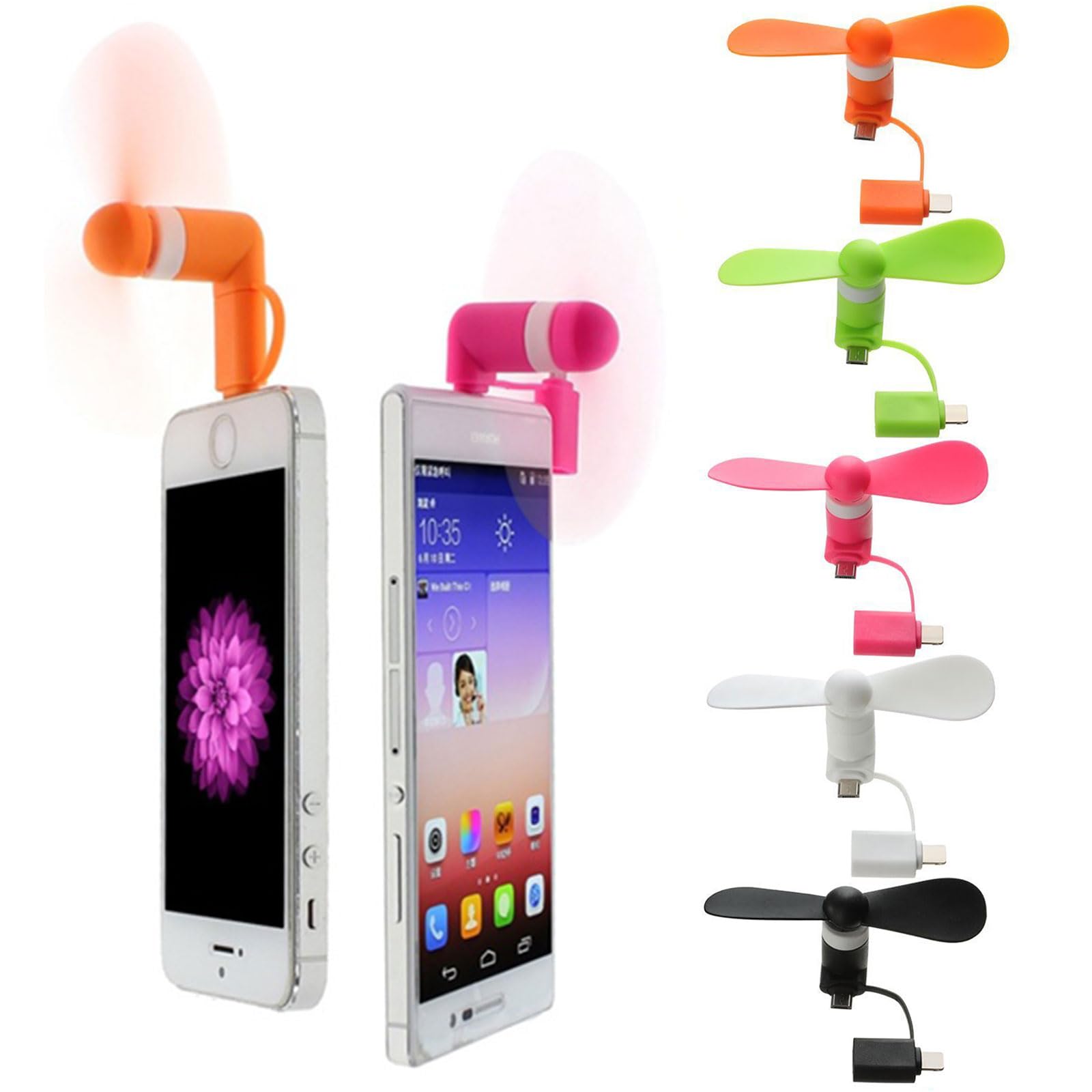 Comioke Mini wentylator do telefonu komórkowego, 5 sztuk, przenośny, mini wentylator do telefonu komórkowego, przenośny, obrotowy, USB, mały, cichy, czarny, biały, pomarańczowy, zielony, różowy