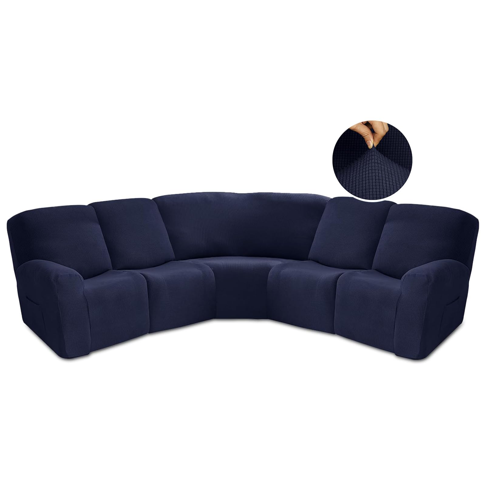 JUNLEBUYI Recliner Slipcover, L Shape Sectional Recliner Sofa Covers, 5 Seater Jacquard Stretch Reclining Couch Covers for Reclining L Shape Sofa, Thick, Soft, Washable (Navy)