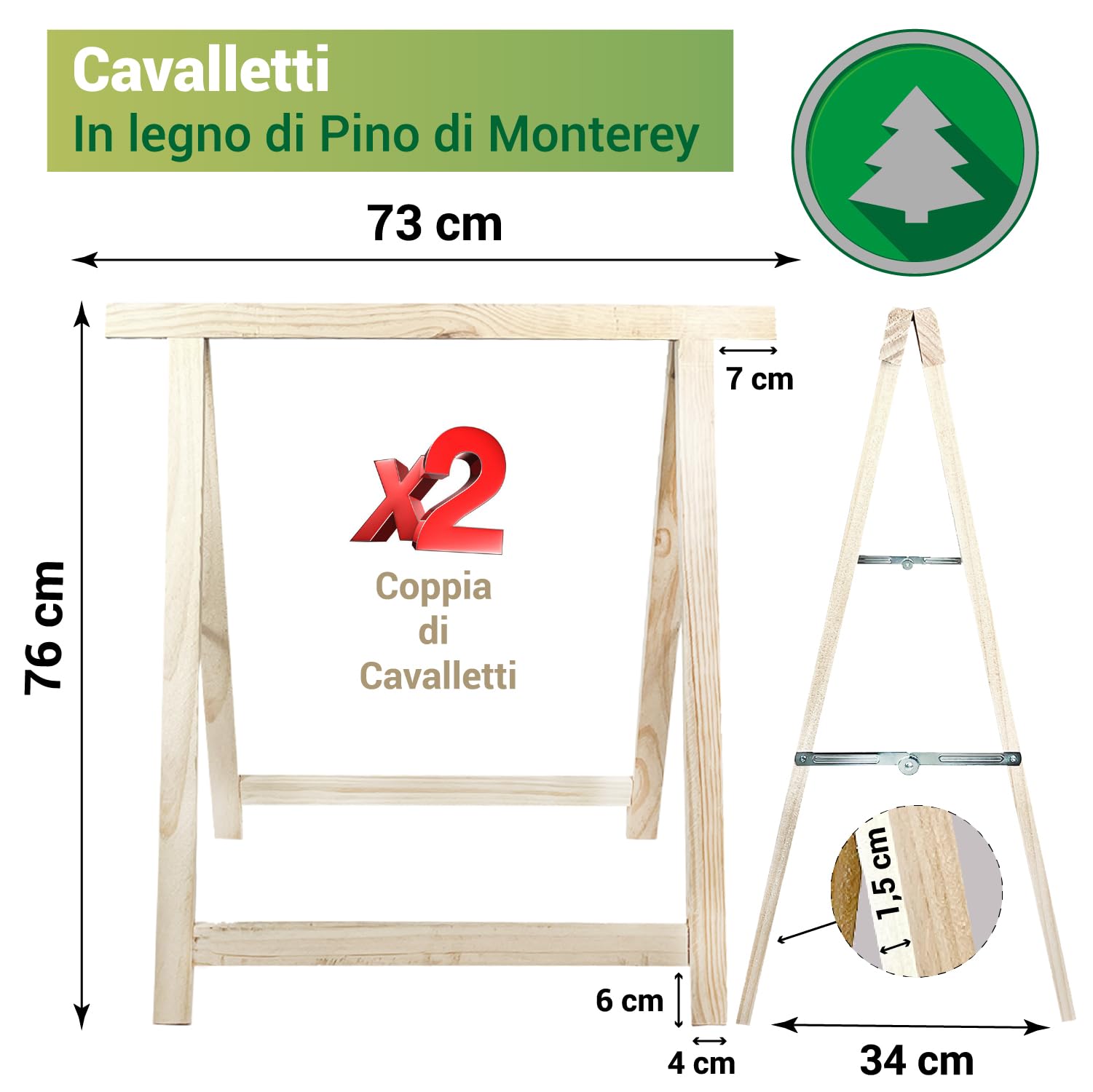 Crisalide® -Natural-WOOD Caballetes en un par de madera de abeto macizo de trabajo, capacidad de 200 kg, bricolaje plegable, 75 cm x 75 cm, se pueden pintar para varios usos de aficionados e