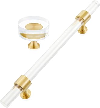 QOGRISUN 5-Pack 5-inch Hole Acrylic Cabinet Pulls Handles, 10-Pack 1-1/4-Inch Round Brass Crystal Cabinet Knobs