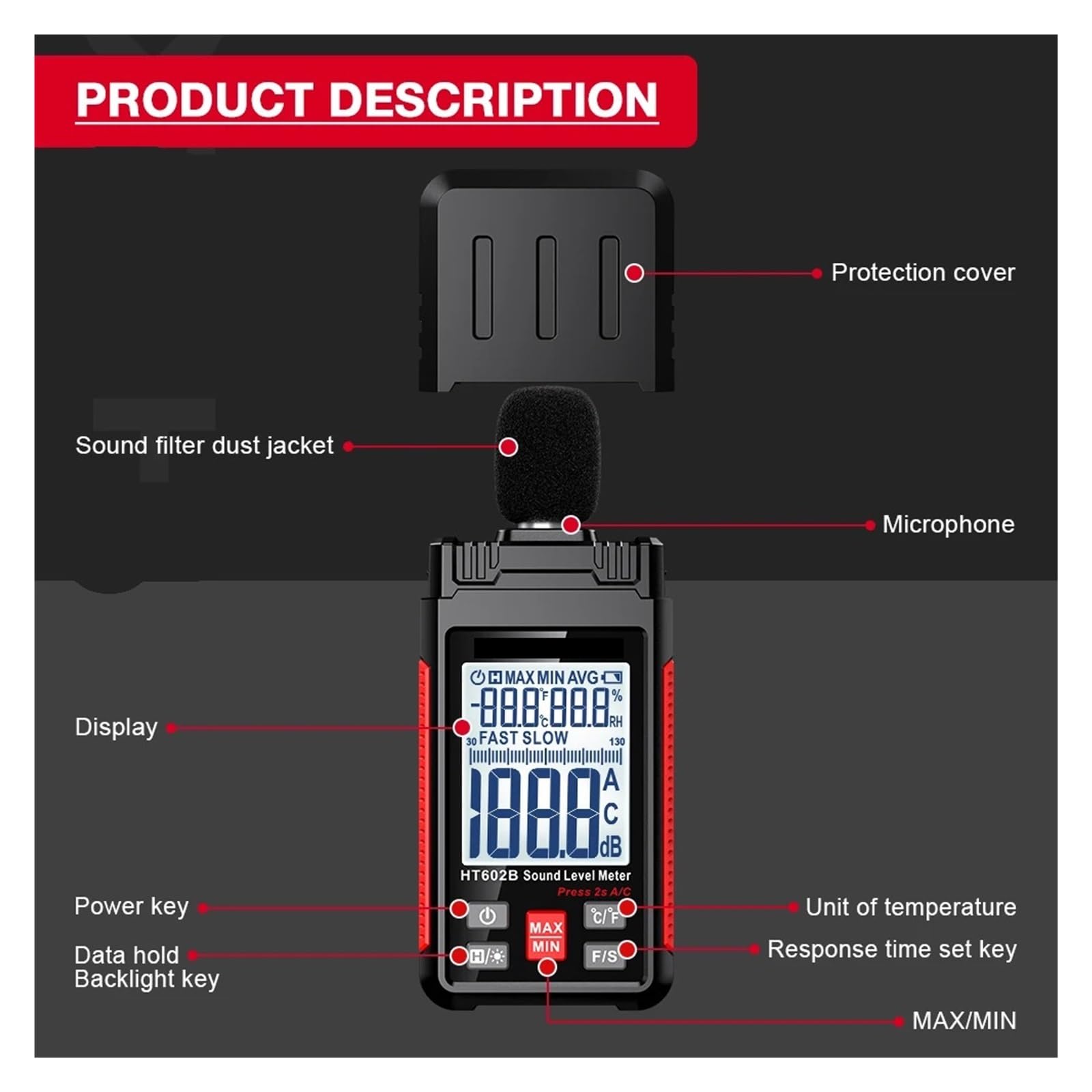 HT602 Fonometro Digitale Palmare Db Meter Misuratore di Livello di Rumore 30-130dB Decibel Mini Fonometro(HT602B)