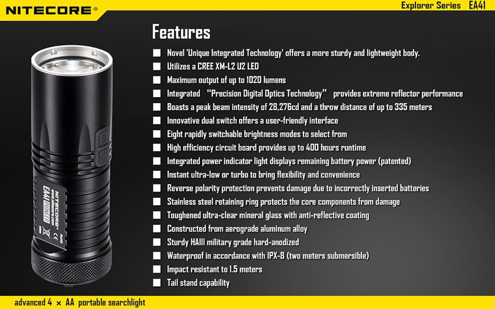 Nitecore EA41 1020 Lumen Cree XM-L2 U2 LED Flashlight Compact Searchlight