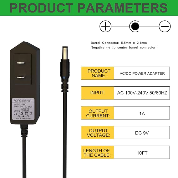 9V Power Adapter Compatible with Casio Keyboard AD-5 AD-5MU AD-5MR WK-110 WK-200 LK-100 LK-220 CTK-496 CTK-573 CTK-700 CTK-710 CTK-720 CTK-2100 Piano Keybord-10FT