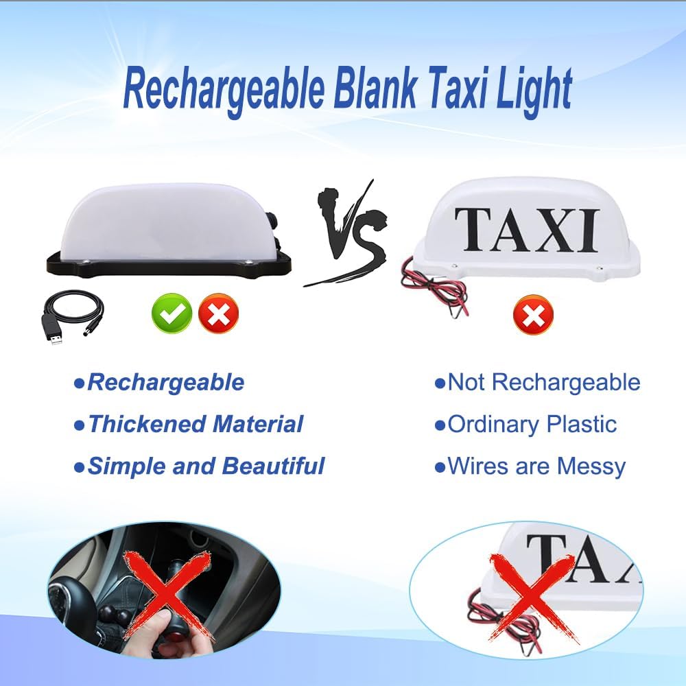 USB Rechargeable Battery Blank Taxi Top Light Roof Taxi Sign with Magnetic Base Waterproof Taxi Dome Light White Light DIY Sign Cab Lamp Advertising Light