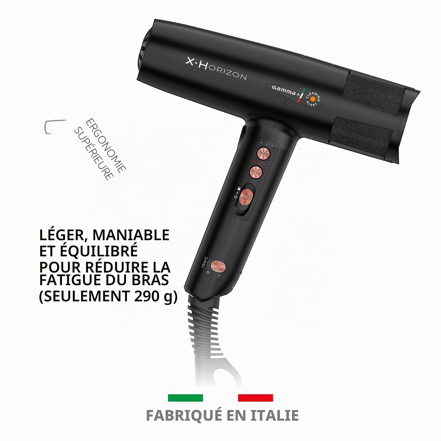 GAMMA+ X-Horizon Sèche-cheveux Ionique, Sèche-cheveux Professionnel Ultra-léger 290 gr, Dual Ionic Technology, Système d'Alerte Nettoyage Filtre, 120.000 tr/min, Made in Italy (Noir, Prise Schuko)