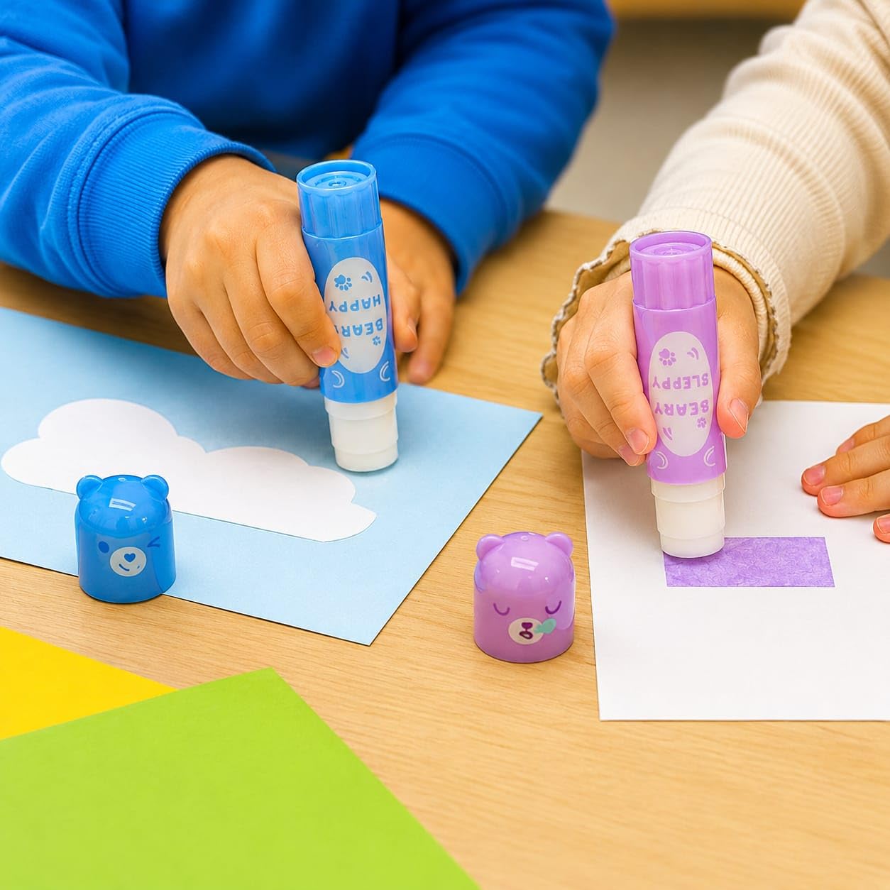 Colla Stick Bambini 15g x2 Orsetto Blu Rosa Verde Viola, Lavabile, Adatta per Lavoretti Fai da Te, Colla Scuola Asilo