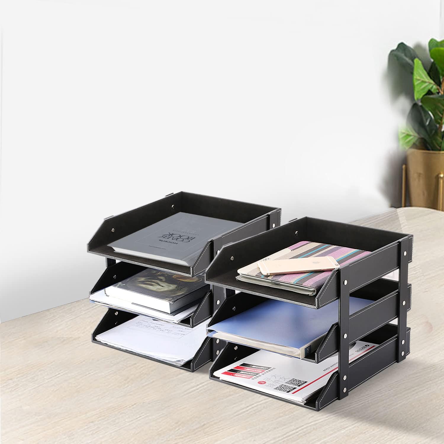 Stacking Letter Trays Leather Office Desk Supply Organizer, 3-Tier Files Sorter Workplace Desktop Storage Holder for Document/Paper/Stationery/Magazine/Newspaper/Mail/Sundries : Office Products