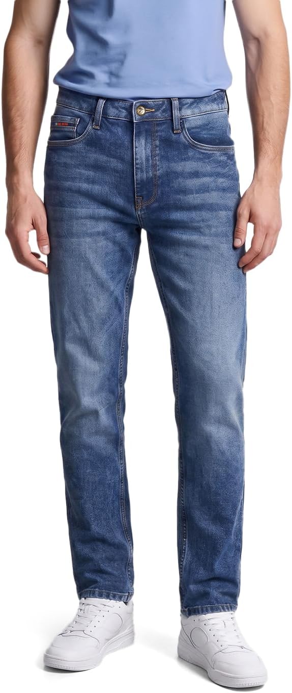 Indian Garage Men's Slim Fit Mid-Rise Jeans Features Five Round Pockets, Regular Length, Straight Hem and Button/Zip Closure.