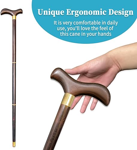 Miniatura 4 de Bastón de madera clásico ergonómico de calidad de madera maciza para personas mayores con punta de goma, bastón de un solo punto, resistente,