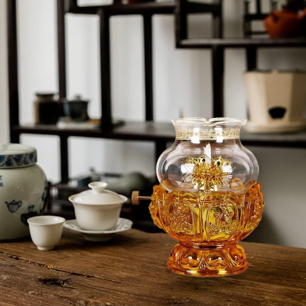 Decorative Lighting Oil Lamps for Indoor Home Buddha Front Light Kerosene Lamp with Yellow Crystal Glass Lotus Light Holder Ultra Pure Paraffin Lamp OilCandle Holder Lantern Night Light