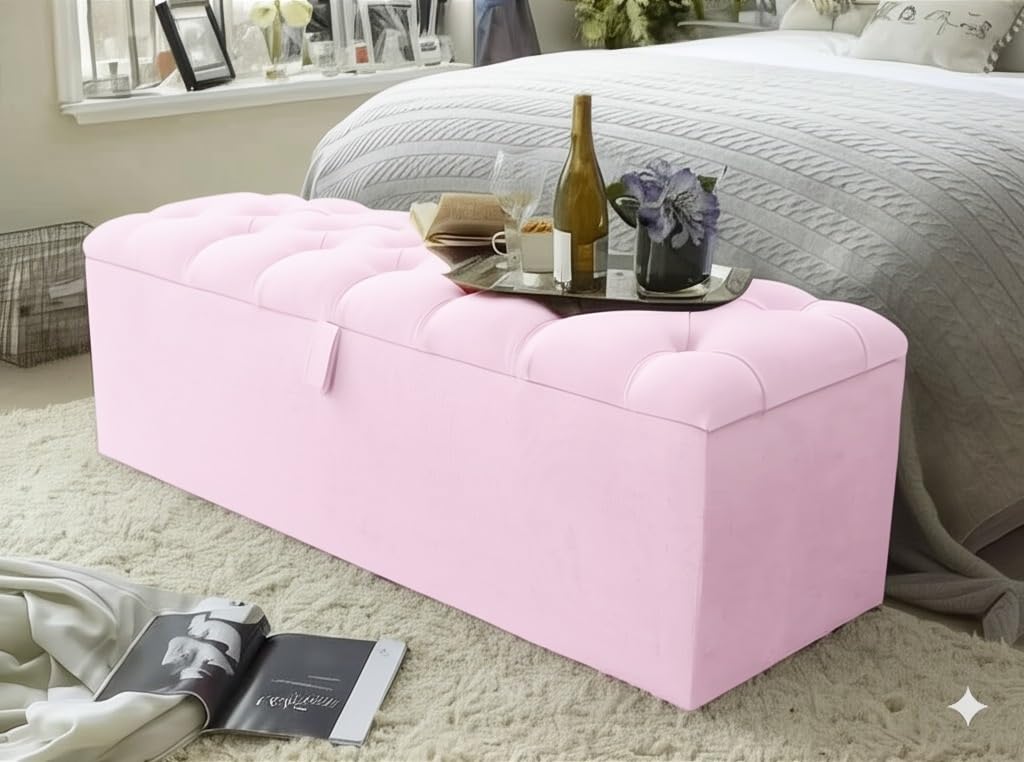 mm08enn Ottoman Storage Blanket Box in Soft Plush Fabric, Multiple Sizes 3ft, 4ft, 4ft6, 5ft and 6ft (Baby Pink, 4ft)