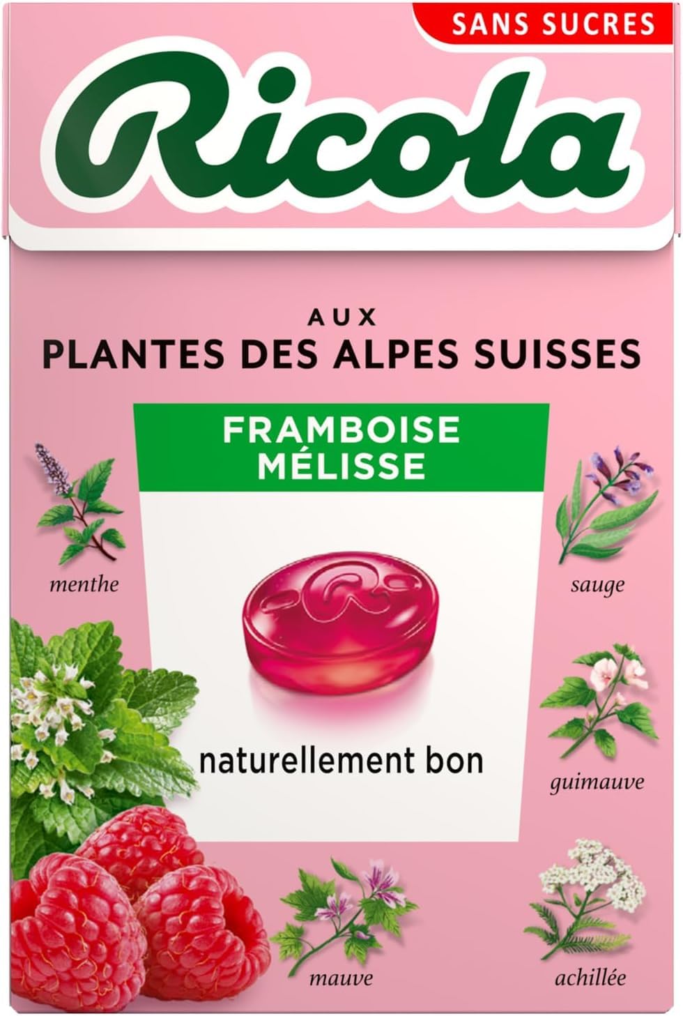 Italian Gourmet Schweizer Alpenkräuter Bonbons Zuckerfrei – Himbeere & Melisse – 20x50g Vorratspack – Kräuterpastillen für Hals & Atem – einzeln verpackt – praktische Großpackung