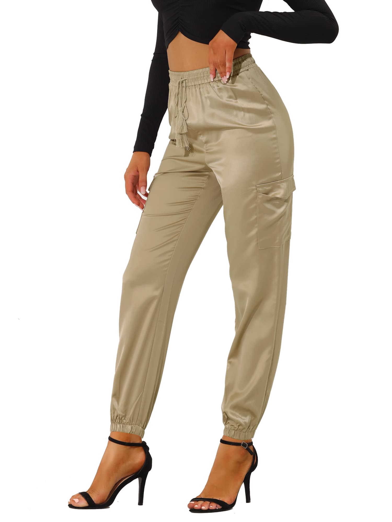 Allegra K Womens Satin Pants Tie Elastic High Waist Shiny Silky Dressy Satin Cargo Joggers