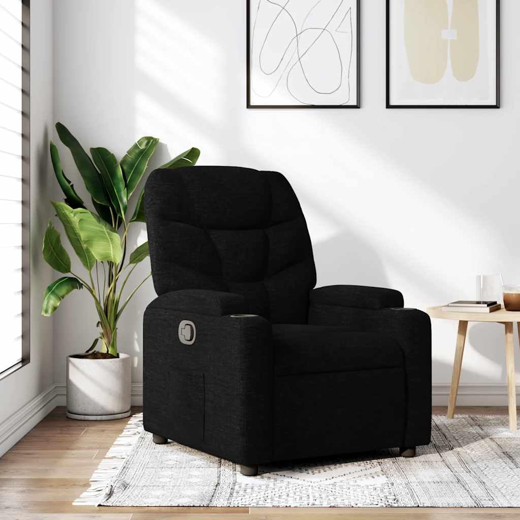 vidaXL Fauteuil Inclinable, Chaise de Relaxation avec Porte-gobelets, Siège avec Dossier et Accoudoirs Salle de Séjour, Moderne, Noir Tissu