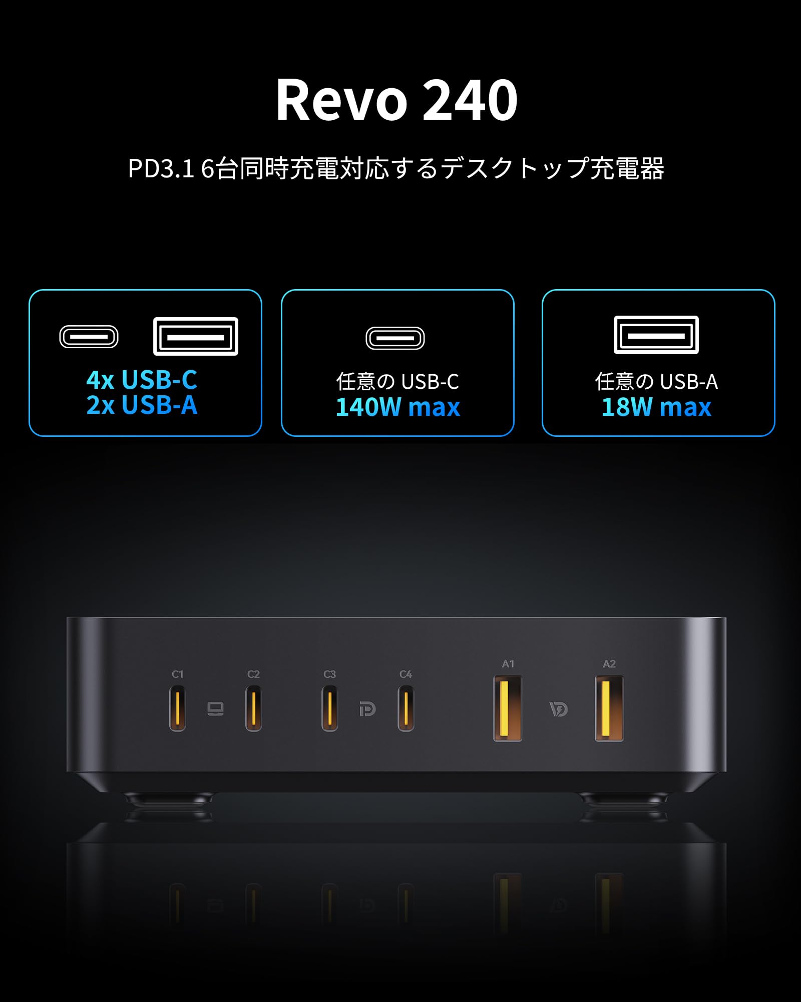 Amazon | VOLTME PD 充電器 合計240W 6ポート 卓上 急速充電器【USB-C