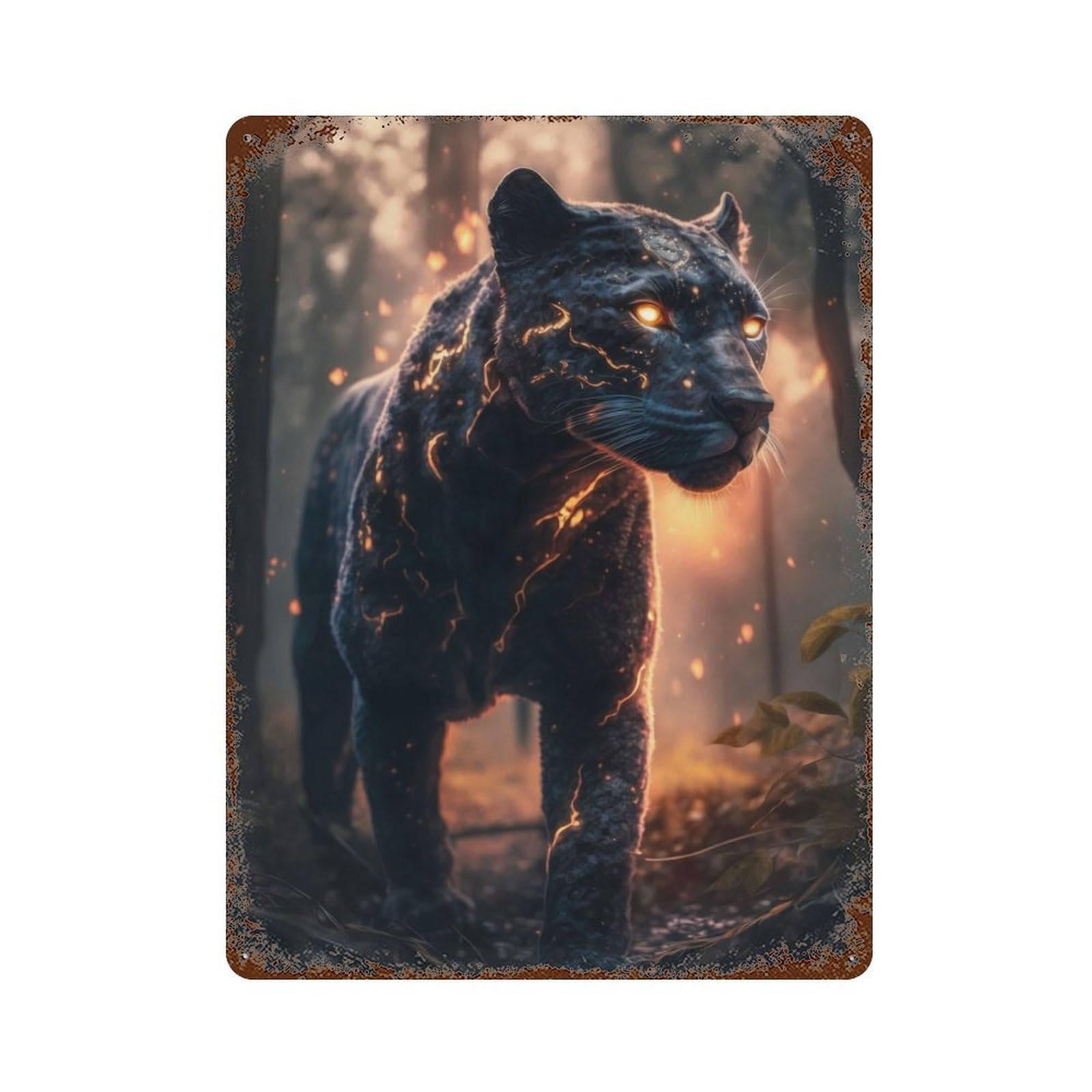 Rust Effect Glowing Thunder Panther Rusty Metal Tin Sign 15.7"x11.8", Old School Wall Decor for Cafe, Home Bar And Lounge Decor