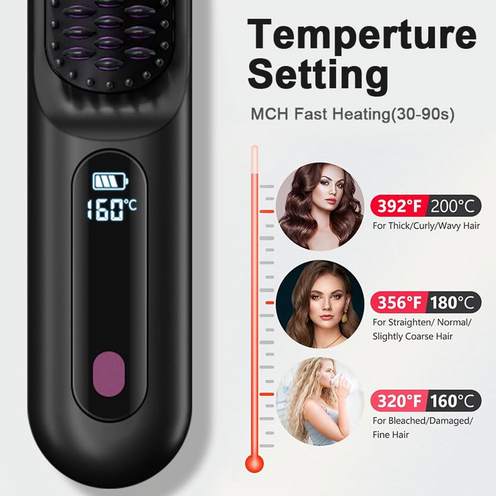 Spazzola per Capelli Elettrica, Spazzola Lisciante Senza Fili, Ricaricabile, Spazzola Riscaldante, per Donne e Uomini Senza Fili con display a LED, 3 Livelli di Temperatura per Lisciare e Arricciare