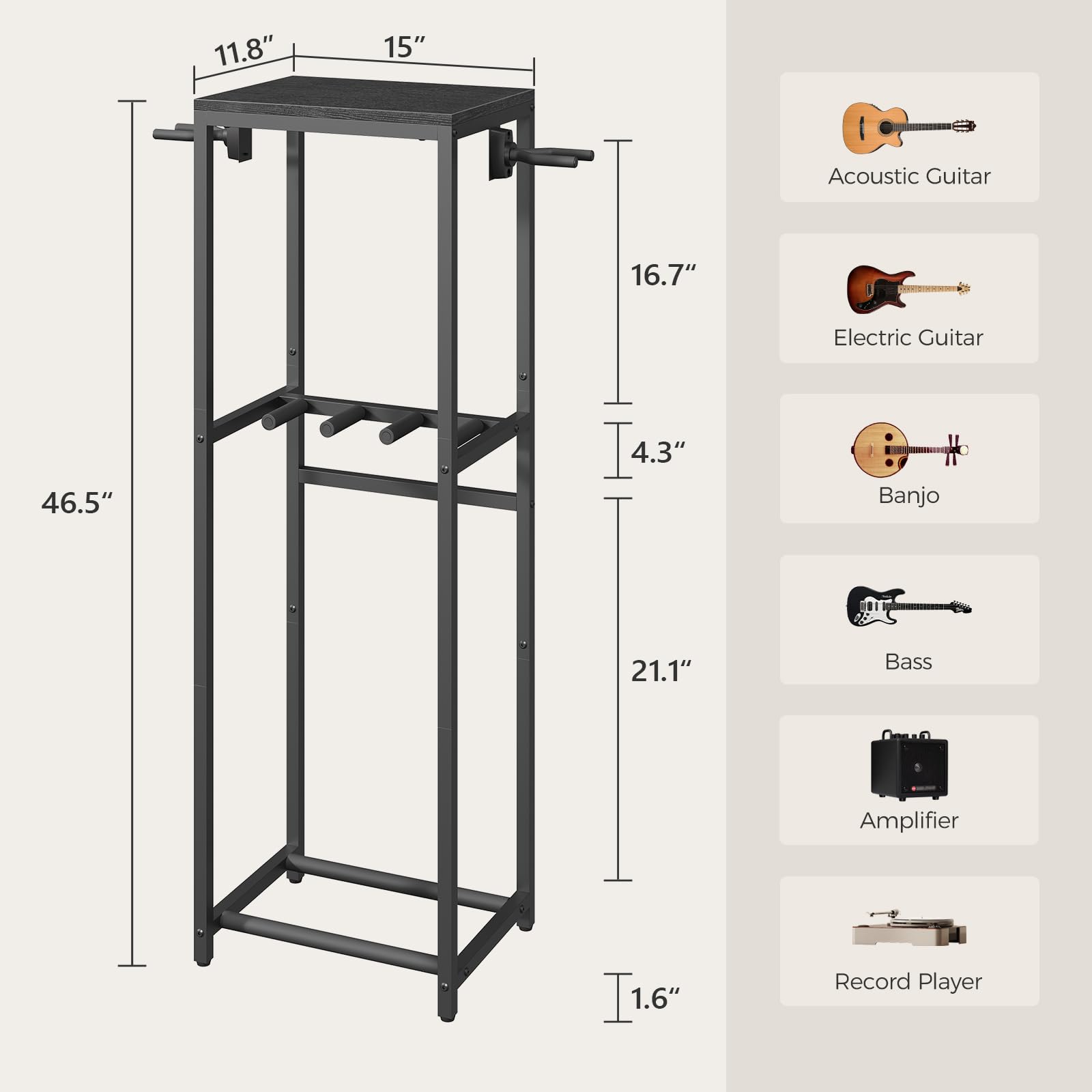 MAHANCRIS Supporto Porta Chitarre a 2 Livelli per 3 Strumenti, Chitarre Acustica, Elettrica, Bass, Ukulele, Banjo. con Ripiano per Accessori, Protezione in EVA, Nero AGSBK6301