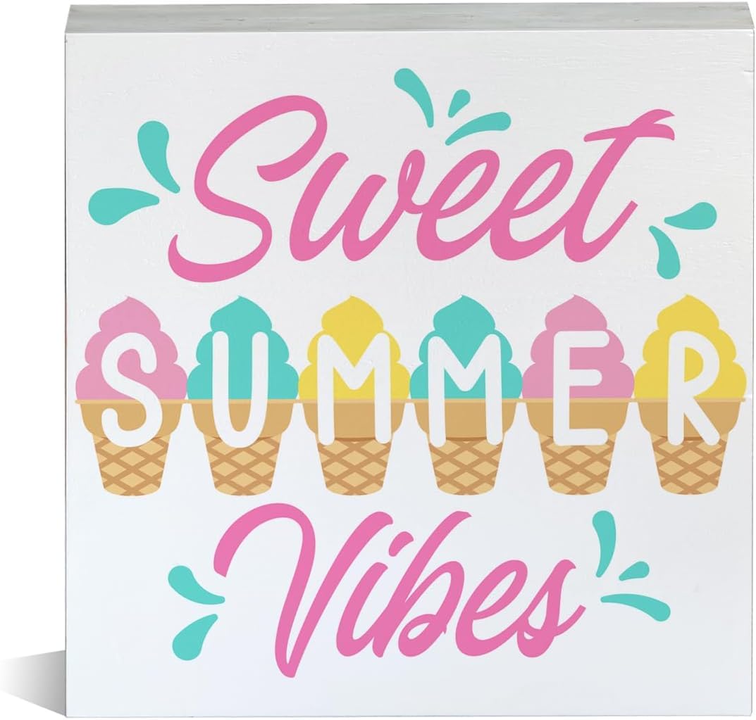 Sweet Summer Vibes Box Sign 5x5 Inch Ice Cream Wooden Decor