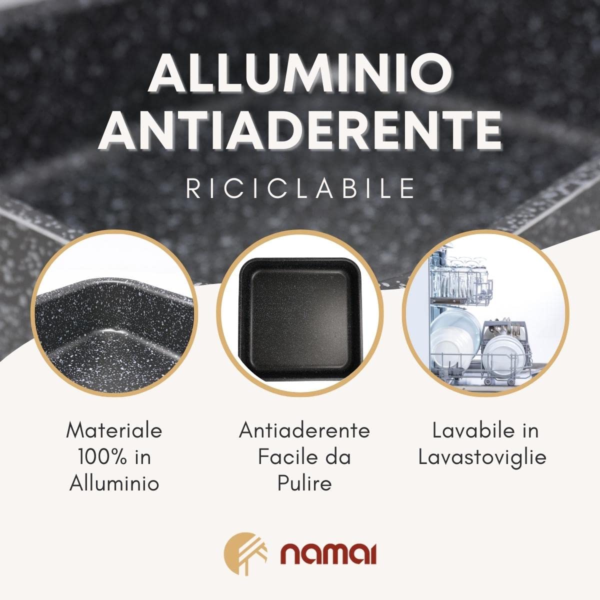 NAMAI - Teglia Forno Quadrata, 40CM x 40CM x 7CM H, Lasagnera Antiaderente, Alluminio Resistente, Adatta In Lavastoviglie, Made In Italy (38cm x38cm)