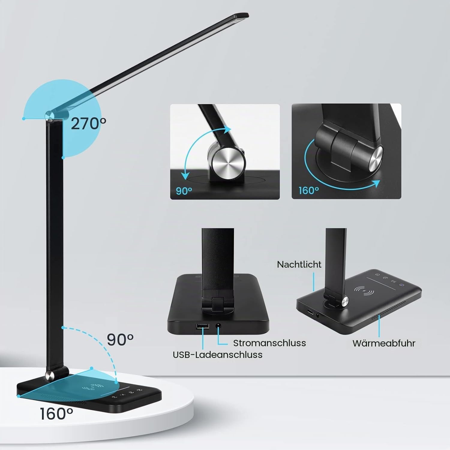 BIENSER Schreibtischlampe LED mit 10W Wireless Charging, USB Ladefunktion, 600LM Bürolampe Tischlampe mit 10 Helligkeits X 5 Farbstufen Dimmbar, Nachtlicht, Memory-Funktion, Auto Timer, 6000K, 24W